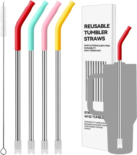 Vista 13 de 4 popotes de acero inoxidable reutilizables para vaso Yeti de 20 onzas, pajitas de metal con puntas de silicona para vaso Stanley de 20 onzas y vaso