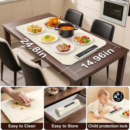 Vista 7 de Tapete de calentamiento para alimentos – Bandeja de calentamiento eléctrica con 4 ajustes de temperatura y temporizador, alfombrilla portátil
