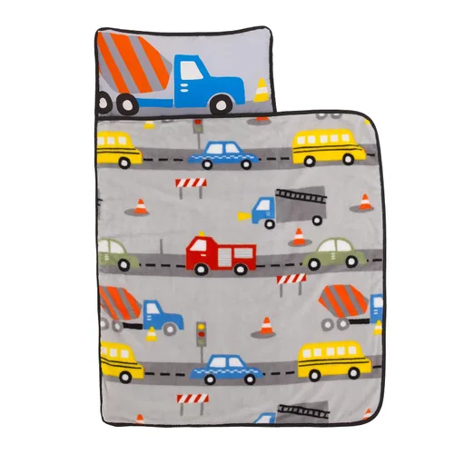Vista 2 de Everything Kids Tapete para siesta de construcción gris, rojo, amarillo y azul con almohada y manta con almohada y manta