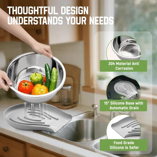 Vista 7 de Goldusk - Colador de acero inoxidable 304 con base autodrenante, base de silicona de grado alimenticio, colador grande para cocina, colador