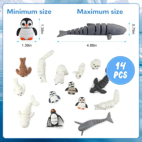 Vista 4 de 14 piezas de figuras de juguetes de animales árticos impresos en 3D, juguetes de baño articulados de animales polares realistas con oso polar