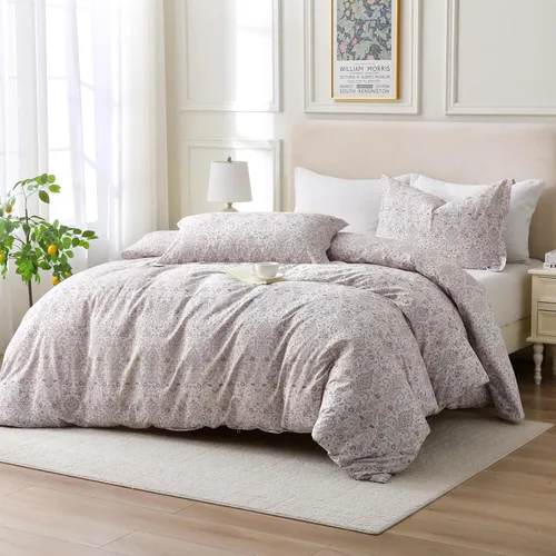 Vista 51 de ABREEZE Juego de funda de edredón tamaño individual con cierre de botón, 100% algodón egipcio, juego de ropa de cama floral de granja, color rosa, 3