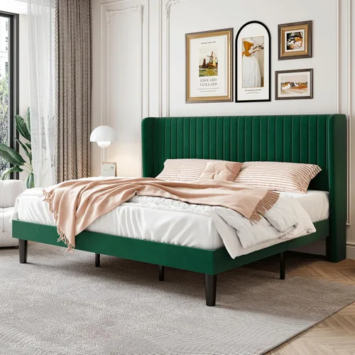 Vista 19 de SHA CERLIN - Marco de cama de terciopelo tamaño matrimonial, cabecera con alas copetudas, color negro 47'' Modern Vertical Channel Headboard