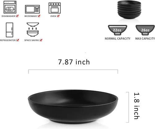 Vista 2 de Selamica Tazones de cerámica para pasta de 7.8 pulgadas, cuencos grandes de porcelana de 26 onzas, aptos para lavavajillas y microondas, juego de 6