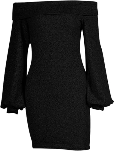 Vista 4 de olinase Vestido de punto de manga larga con hombros descubiertos, estilo bodycon elegante