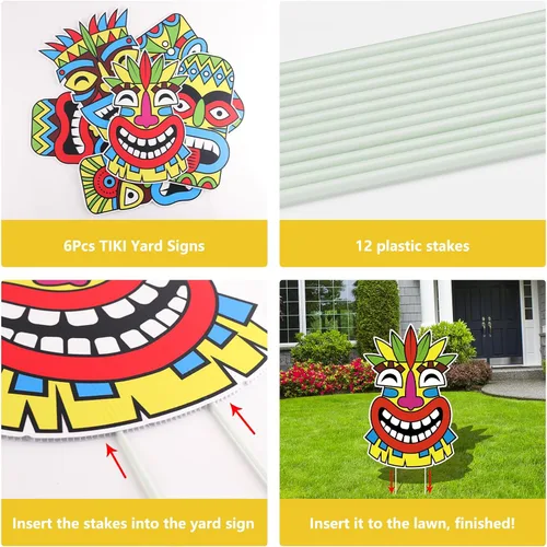 Vista 3 de Letreros grandes de Luau Tiki para patio, 6 piezas con estacas para exteriores, césped, playa, arena, decoraciones de fiesta de verano con temática