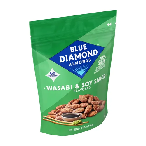 Vista 4 de Blue Diamond Almendras saborizadas con wasabi y salsa de soja, bolsa resellable de 16 onzas, paquete de 1