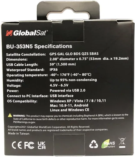 Vista 3 de GlobalSat BU-353N5 Receptor USB GNSS, negro, fabricado en Taiwán