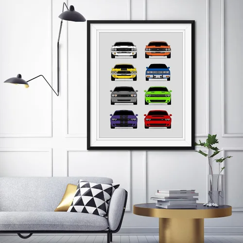 Vista 5 de Custom Car Posters Póster hecho a mano compatible con Dodge Challenger Generations e impresión de Challenger SRT, multicolor, impresión metálica