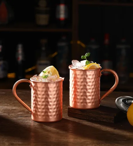 Vista 6 de Moscow Mule - Juego de 4 tazas de cobre puro, hechas a mano de cobre 100% puro, acabado martillado, mango remachado