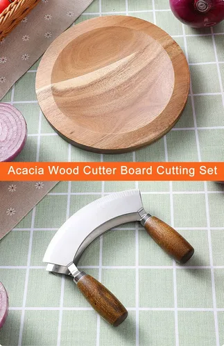 Vista 6 de Picador de ensalada con tabla de cortar redonda de madera, cuchillo Mezzaluna con cubierta protectora y mango antideslizante, cortador de verduras