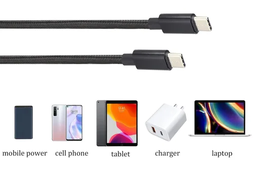 Vista 3 de Cable reversible doble tipo C USB C macho a USB C macho, cable trenzado de nailon premium con aislamiento recubierto de aislamiento, cable