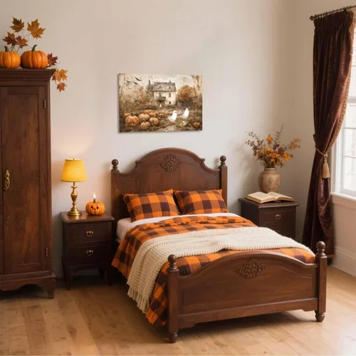 Vista 3 de Arte de pared vintage de Halloween embrujado de granja, parche de calabaza rústica con bonitos fantasmas, póster impreso en lienzo espeluznante