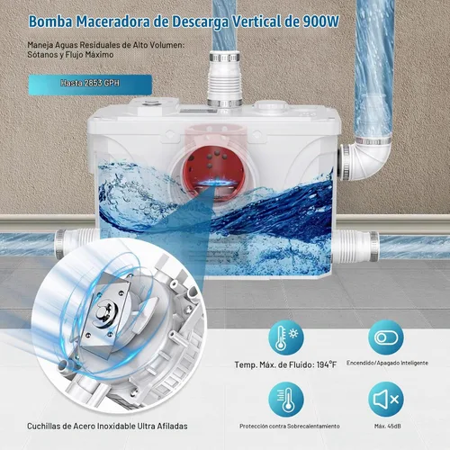 Vista 4 de CrestWave - Bomba maceradora de 900 W, diseño antiobstrucción de la bomba automática para fregadero