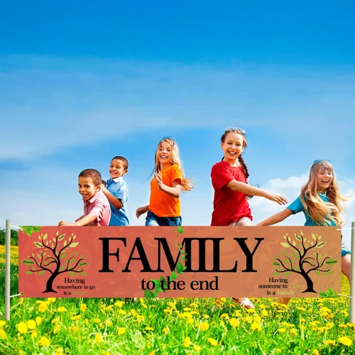 Vista 2 de Pancarta colorida para patio interior y exterior, grande, con texto en inglés "We Are Family", telón de fondo familiar de 70.87 pulgadas de largo x