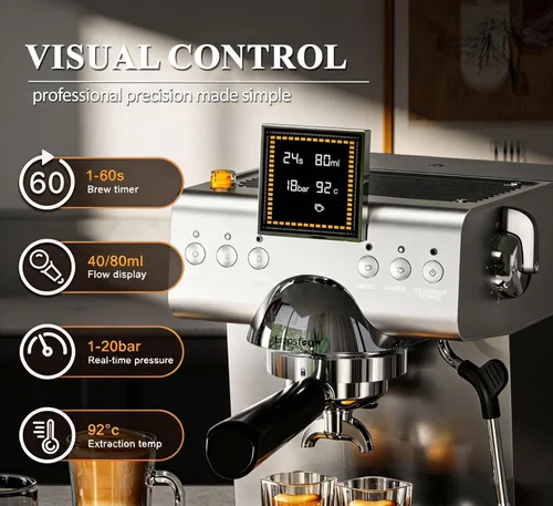 Vista 2 de Empstorm Cafetera Espresso 20 Bares con Espumador de Leche de Vapor, Cafetera Espresso de Acero Inoxidable con Pantalla LED Cafetera para Café