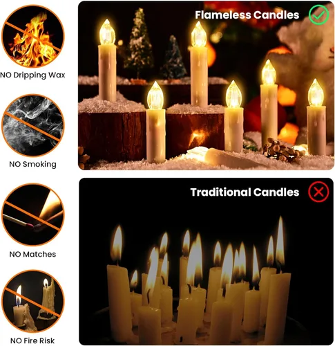 Vista 5 de JOSU Velas sin llama, 12 luces LED parpadeantes, funciona con pilas, con temporizador y clips remotos, velas cónicas de ventana blanca cálida