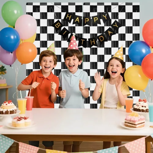 Vista 5 de PintreeLand 2 piezas de cortinas de papel de aluminio con flecos de autos de carreras 3.28x6.56 pies, decoración de telones de fondo de fiesta a
