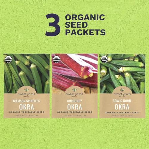 Vista 2 de Paquete variado de semillas orgánicas de Okra Lovers – 3 paquetes individuales – Temporada 2026 – Cowhorn, Burgundy y Clemson Spineless para plantar