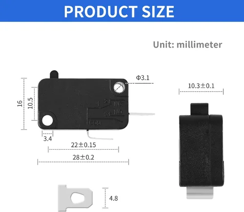 Vista 4 de Paquete de 2 microinterruptores KW7-0 para freidora de aire XL Power XL Vortex 16A 125V/250V Snap Action Switch, Normally Open 3 Pins 1NO 1NC