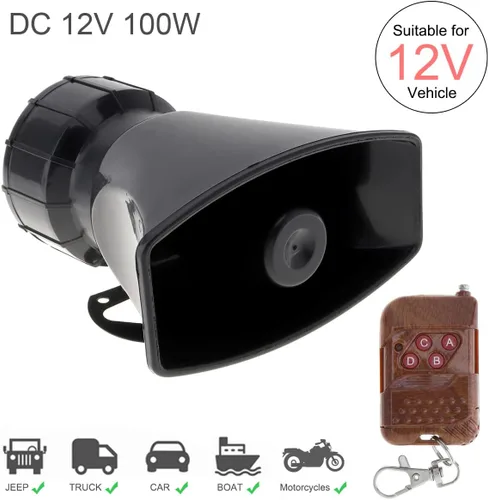 Vista 3 de 7 sonidos ruidosos alarma de advertencia de coche policía fuego sirena cuerno altavoz con control remoto marrón 12V 100W (1PC control remoto)