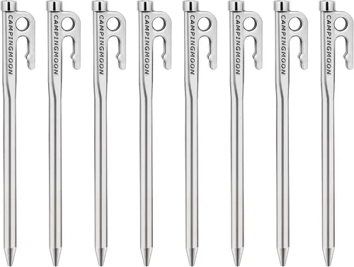 Vista 10 de CAMPINGMOON 7.87 pulgadas 8 piezas de acero inoxidable martensítico 420J2 endurecido forjado estaca estaca estaca de potencia ideal para suelo duro