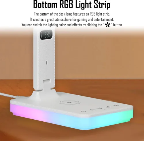 Vista 6 de Lámpara de escritorio LED con carga inalámbrica y por cable, luz de mesa plegable, 5 modos de brillo y 3 modos de iluminación, pantalla de tiempo