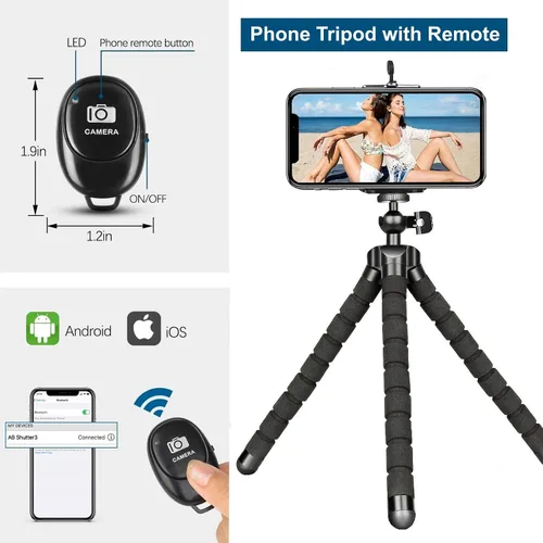 Vista 5 de Trípode flexible con control remoto inalámbrico, mini trípode portátil para iPhone Android, GoPro y cámaras DSLR pequeñas, revestimiento de metal