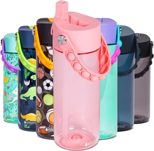 Vista 13 de Elemental Botellas de agua para niños – Botella de agua para niños Splash para la escuela con mango Pop-it – Botella de agua de plástico Tritan sin