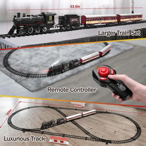 Vista 2 de Conjunto de tren para niños, locomotora con control remoto bajo el árbol de Navidad, tren eléctrico de juguete con vagones y vías largas, regalo