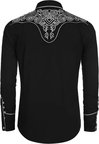 Vista 4 de Coofandy - Camisa estilo vaquero del oeste bordada de manga larga, ajuste ceñido, con botones, informal, para hombre