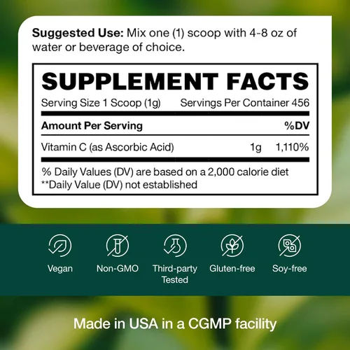 Vista 8 de Fresh Nutrition Suplemento de vitamina C en polvo de 1 libra, apoyo inmunológico puro y potente, 1000 mg por cucharada, delicioso sabor, vegano, sin