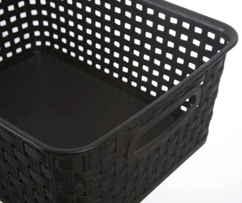 Vista 3 de Cestas de almacenamiento tejidas de plástico negro, paquete de 6 cestas de tejido organizador para cocina, oficina, baño