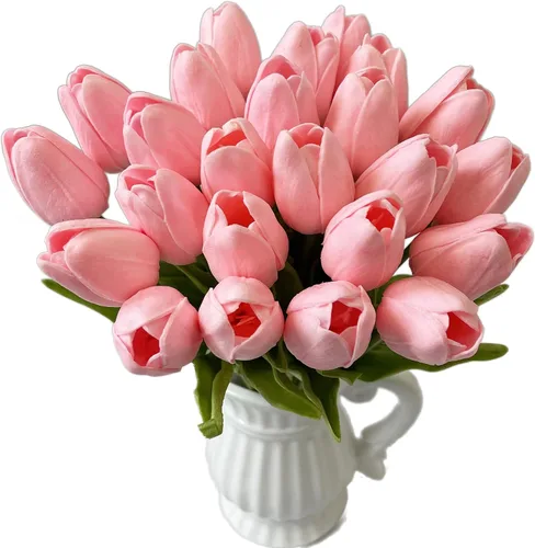 Vista 9 de UKELER Tulipanes artificiales a granel, 24 piezas de corona de bricolaje de tacto real, flores de tulipán artificiales para el hogar, cocina, boda