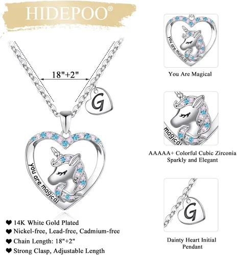 Vista 4 de Hidepoo Regalos para el día de San Valentín Collar de unicornio para niñas, chapado en oro blanco de 14 quilates con colgante de corazón