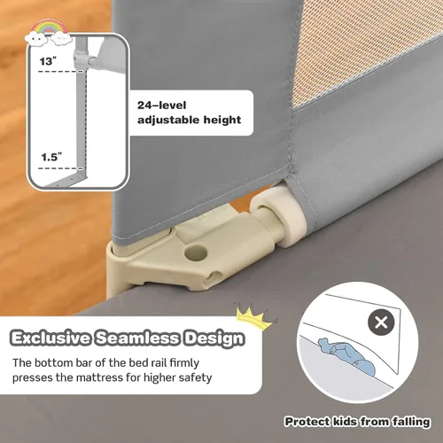 Vista 5 de BABY JOY Riel de cama para niños pequeños, 69 pulgadas, extra largo, altura ajustable y plegable, protector de riel de cama de bebé con bolsillo
