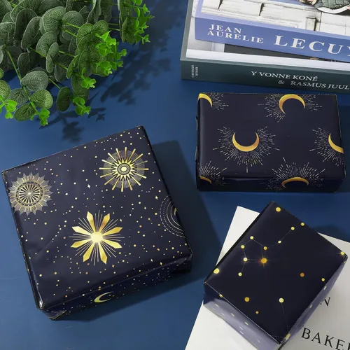Vista 4 de 12 hojas de papel de regalo de galaxia, cielo nocturno negro, envoltura de regalo a granel, luna, estrella, papel decorativo de arte