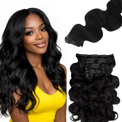 Vista 14 de Lashey Extensiones de cabello humano con clip, sin costuras, #1, color negro azabache, extensiones de cabello humano real, extensiones de cabello