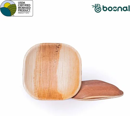Vista 6 de BOSNAL - Platos biodegradables de hoja de palma, 4 pulgadas, cuadrados, 25 piezas, compostables, estilo de bambú y madera, apilables, grado