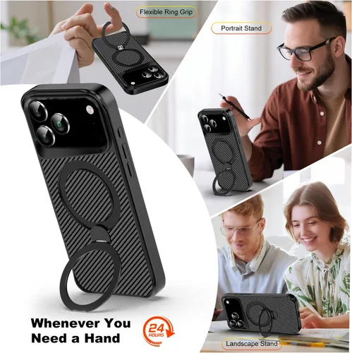 Vista 5 de Funda para iPhone 17 Pro Max con soporte magnético de 360° [compatible con MagSafe], funda protectora de fibra de carbono + 2 protectores de Negro
