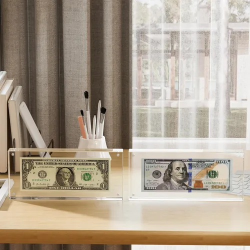 Vista 2 de Estuche de visualización con forma de billete de dólar de 7.8" x 3.9" – Estuche acrílico con marco para billetes de dólar, soporte magnético