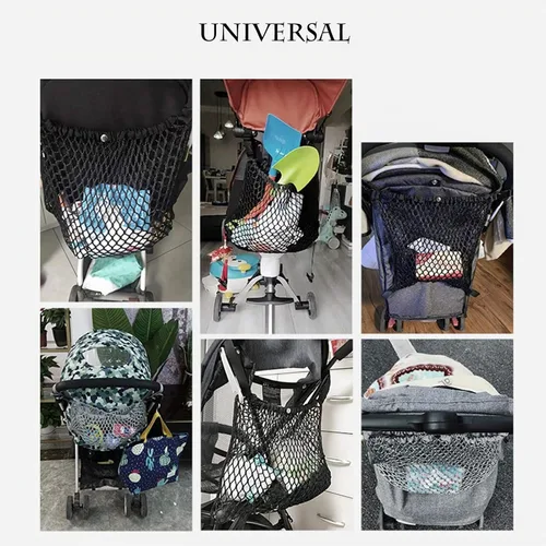 Vista 6 de Organizador universal para cochecito de bebé, bolsa de almacenamiento de malla de poliéster con espacio de almacenamiento extragrande, accesorios