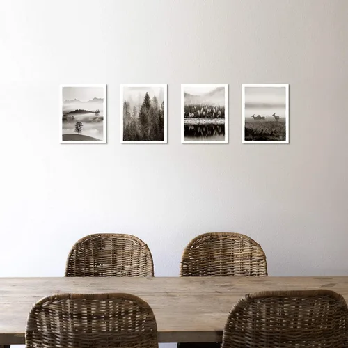 Vista 3 de Imágenes de paisajes de la naturaleza, arte para pared, bosque brumoso, árbol, montaña, animales salvajes, ciervos, lago, escena, obra de arte