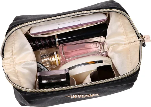 Vista 6 de Angelina's Palace Bolsa de maquillaje de viaje impermeable de cuero vegano, organizador de artículos de tocador oriental estilo retro, bolsa de Negro
