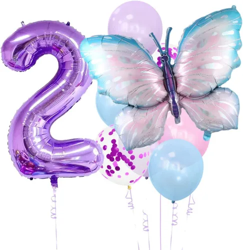 Vista 11 de 11 globos de mariposa enormes de 40 pulgadas, globos de Mylar de aluminio de número morado para decoración de fiesta de primer cumpleaños