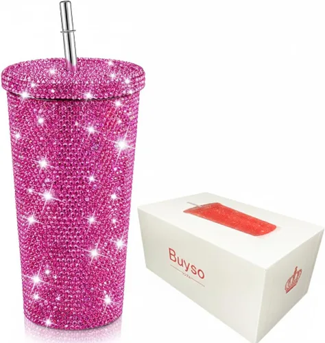 Vista 7 de Vaso térmico con diamantes de imitación con tapa, reutilizable, aislado, de acero inoxidable de alta calidad, botella de agua estética de primera