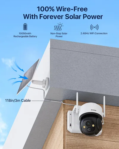 Vista 2 de Cámara de seguridad ZOSI C291 4MP inalámbrica con batería para exteriores con panel solar, cámara panorámica/inclinación de 2.5K 360, seguimiento
