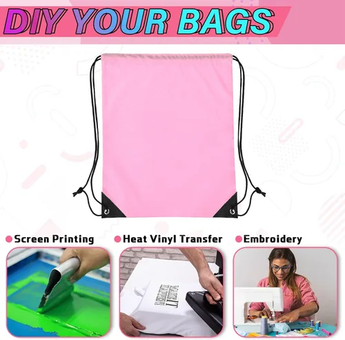 Vista 3 de 100 bolsas de mochila con cordón a granel, bolsas de cuerda para gimnasio, escuela, viajes, regalos de bricolaje, Rosa claro