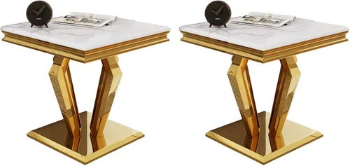 Vista 11 de ACEDÉCOR Mesa auxiliar cuadrada de 22 pulgadas, mesa auxiliar plateada con elegante parte superior de mármol sintético y base en forma de diamante