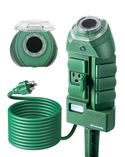 Vista 8 de DEWENWILS Temporizador de estaca mecánica para exteriores, resistente al agua, 6 tomas con conexión a tierra (3 giratorias 180°), cable de 6 pies
